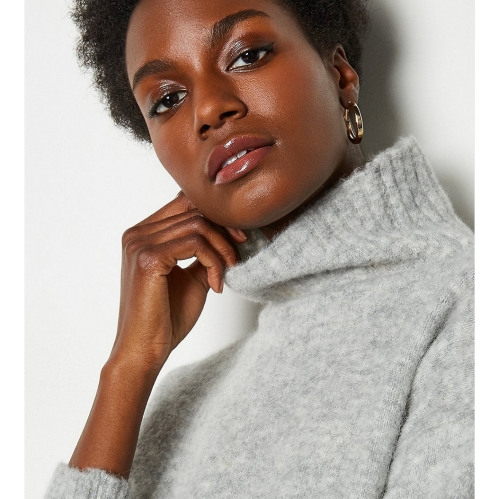 MAX STUDIO Funnel Neck Textured Knit Marled Grey Pullover Sweater NWT